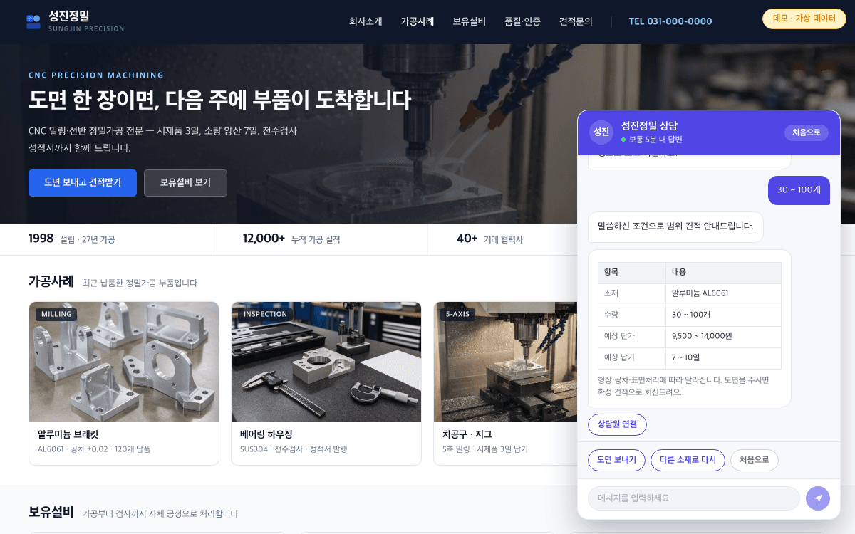 회사 홈페이지에 상담창이 붙어 있는 화면