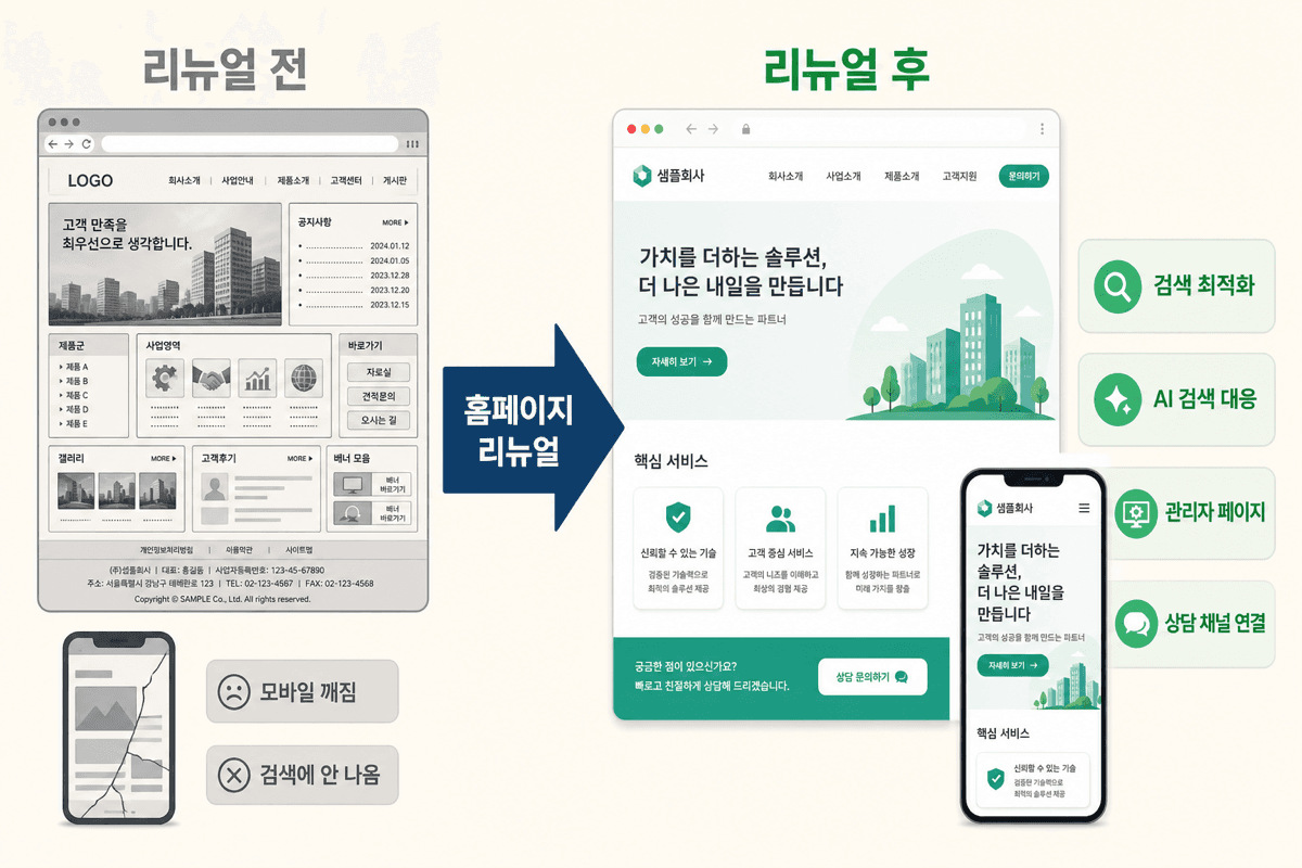 홈페이지 리뉴얼 전후 비교 — 낡은 데스크톱 전용 사이트가 모바일 대응·검색 최적화·관리자 페이지·상담 채널을 갖춘 새 사이트로 바뀌는 개념도