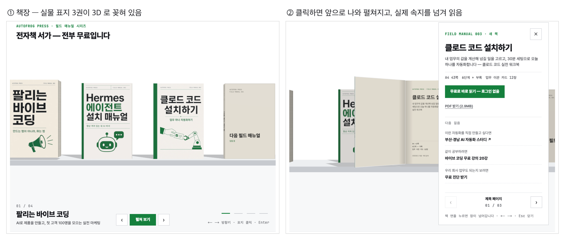 autofrog.kr/book 의 3D 전자책 서가 — 책장에 실물 표지 3권이 꽂혀 있고, 클릭하면 책이 앞으로 나와 펼쳐진다