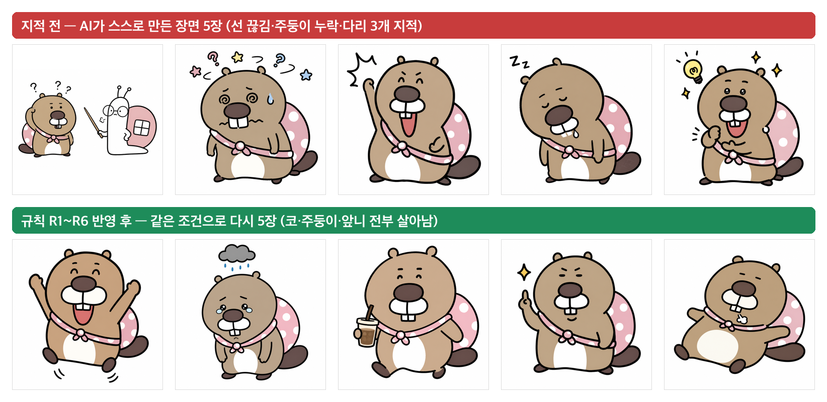 지적 전후 비교 — 위 줄은 AI가 스스로 만든 장면 5장으로 선 끊김·주둥이 누락·다리 3개를 지적받았고, 아래 줄은 규칙 R1~R6을 반영해 같은 조건으로 다시 뽑은 5장으로 코·주둥이·앞니가 전부 살아 있는 모습