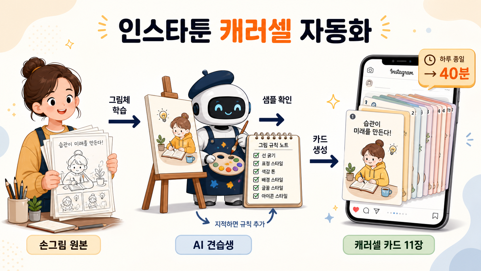인스타툰 캐러셀 자동화 개념 인포그래픽 — 작가의 손그림 원본을 AI 견습생이 학습해 샘플을 확인하고 캐러셀 카드 11장을 만들며, 지적을 받을 때마다 스스로 규칙을 추가하는 흐름