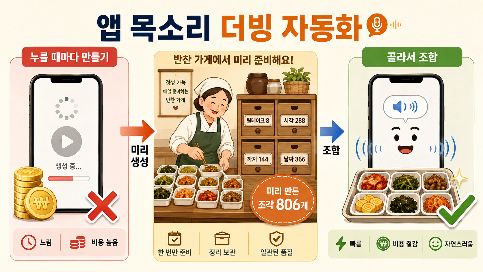 일레븐랩스 활용법 개념 인포그래픽 — 왼쪽은 누를 때마다 음성을 만드는 방식에 가위표(느림·비용 높음), 가운데는 반찬가게 주인이 원테이크 8·시각 288·까지 144·날짜 366 서랍에 조각 806개를 미리 담아 두는 그림, 오른쪽은 필요한 조각만 골라 조합해 바로 재생하는 스마트폰