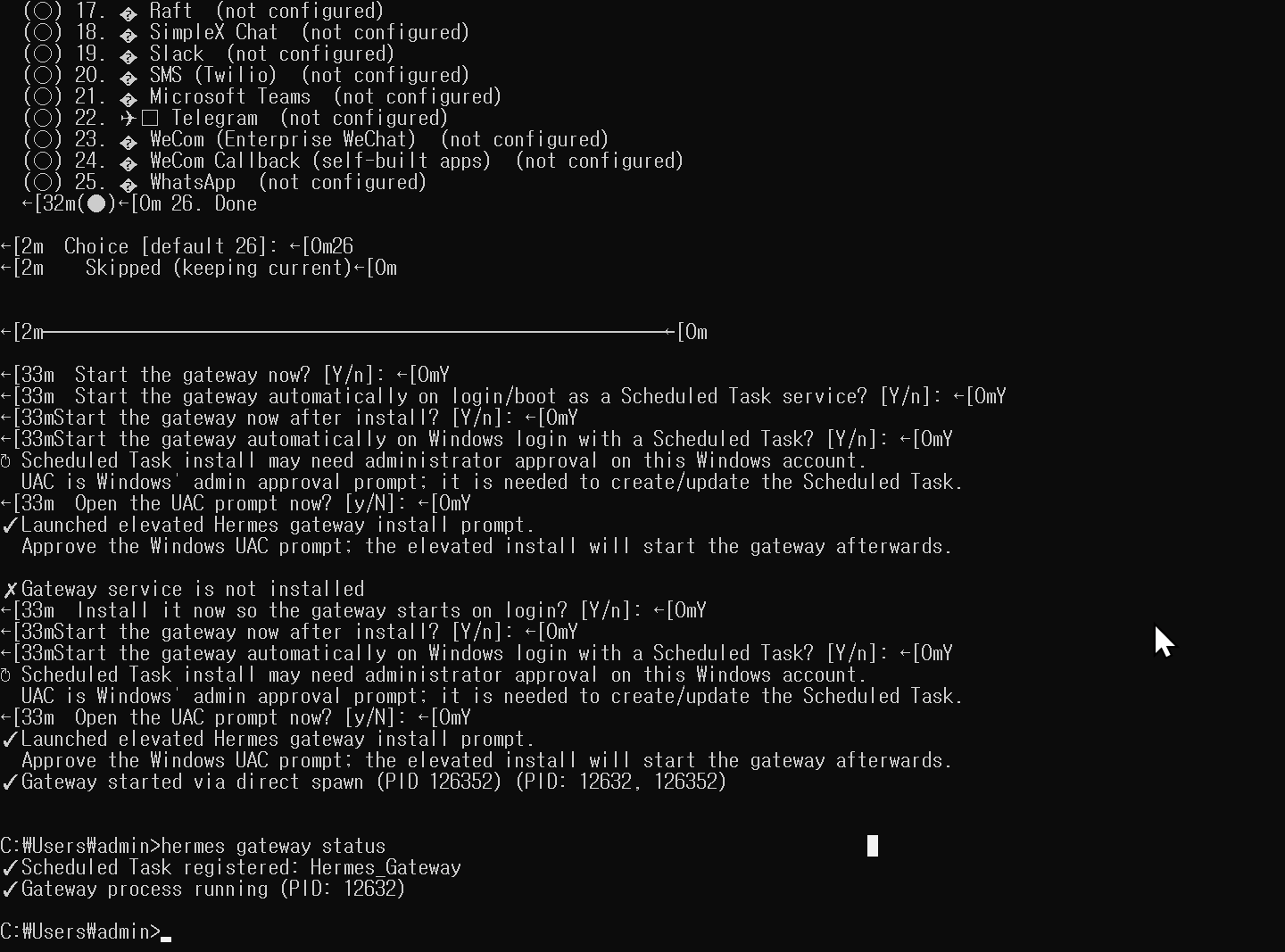 hermes gateway status 결과