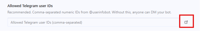 Allowed Telegram user IDs 입력란의 바로가기 아이콘
