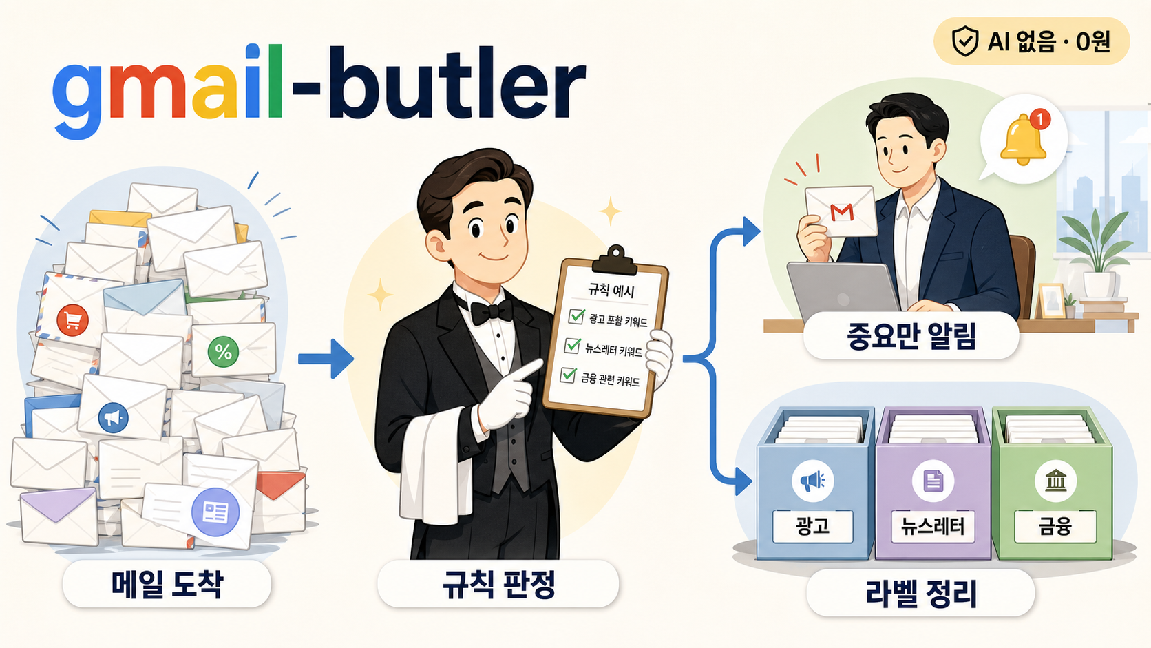 gmail-butler 개념 인포그래픽 — 쏟아져 들어온 메일을 집사가 규칙(광고·뉴스레터·금융 키워드)으로 판정해, 중요한 메일만 즉시 알리고 나머지는 라벨 서랍에 정리하는 흐름. AI 없음 · 0원