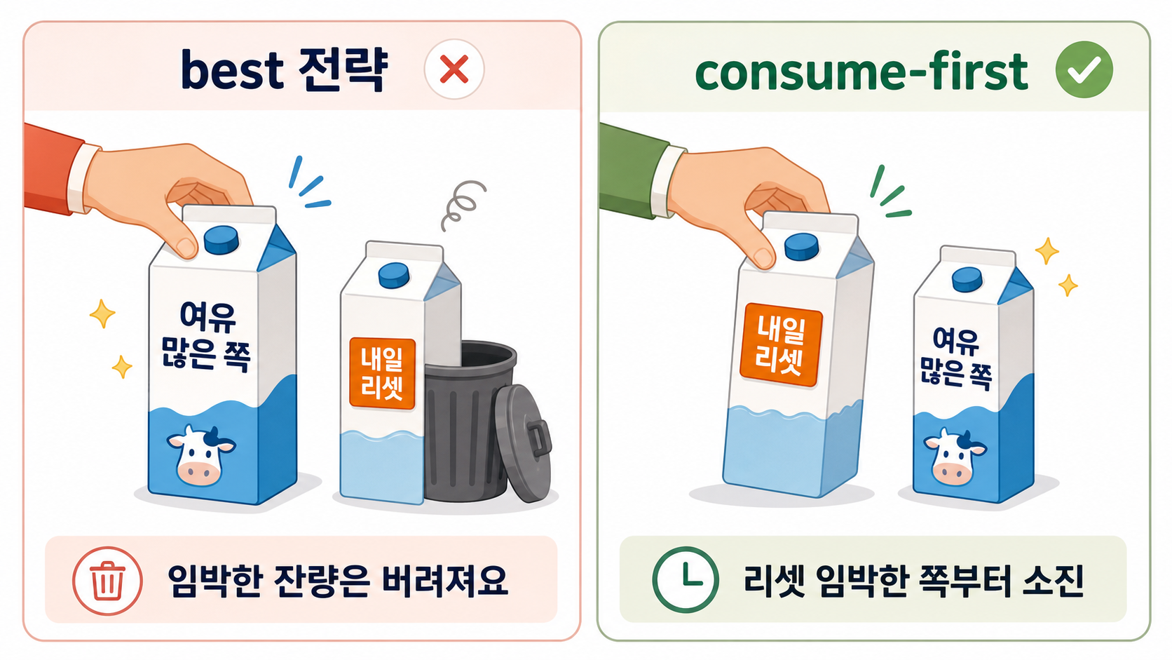 기본 전략 best 는 여유 많은 우유를 골라 내일 리셋될 잔량을 버리게 되고, consume-first 는 리셋 임박한 쪽부터 소진하는 것을 대비한 그림